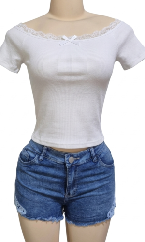 POLO MUJER CON ESCOTE DE ENCAJE Y LAZO - RIB